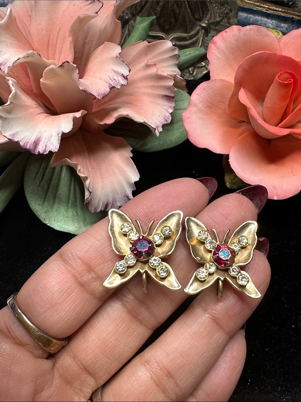 Gold Butterfly Crystal screw back Earrings - Pink Center